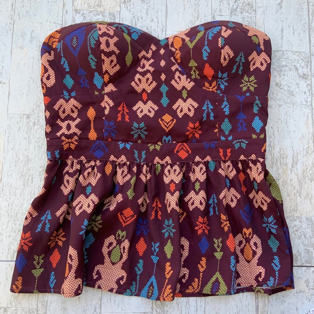Hunting Bird Strapless Top Peplum Ikat Design Sz 2